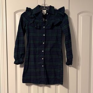 Francesca's Collections Navy & Green Plaid Ruffle Shirt Dress
